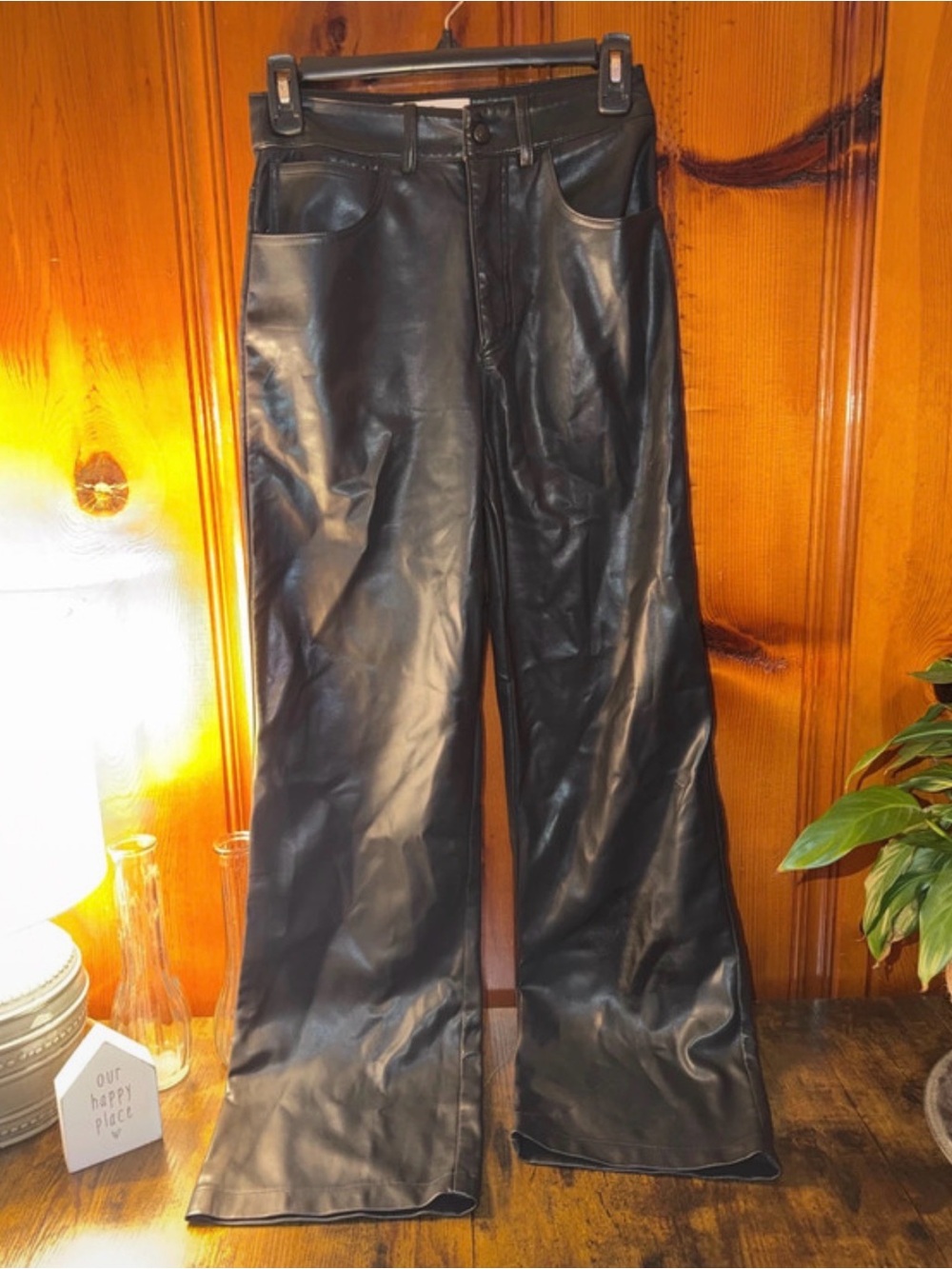 Black Faux Leather Wide-Leg Womens Pants